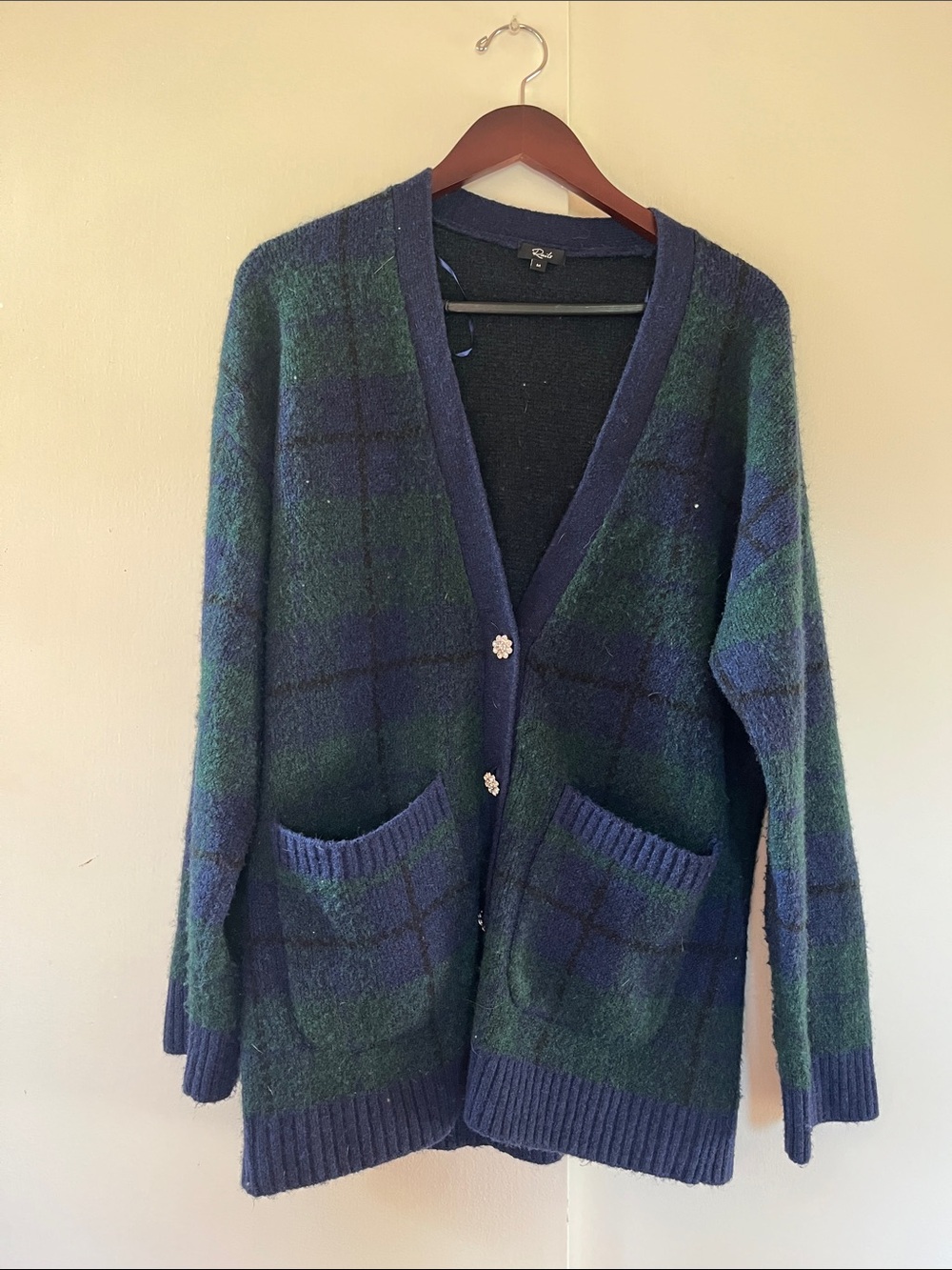 Rails Navy and Forest Green Plaid V-Neck Cardigan